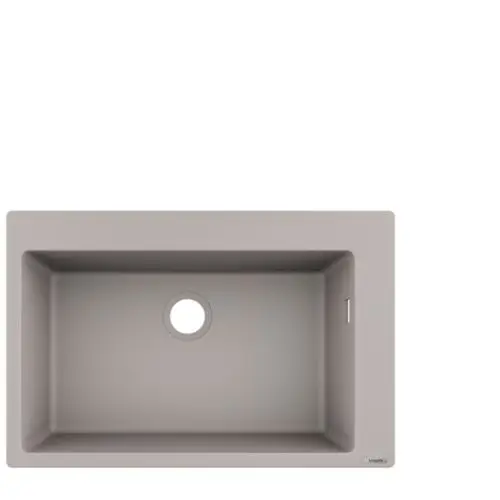 Spüle in Betongrau von Hansgrohe, rechteckige Form mit einem zentralen Ablaufloch und seitlichem Abfluss. Die Oberfläche ist glatt und schlicht gestaltet.
